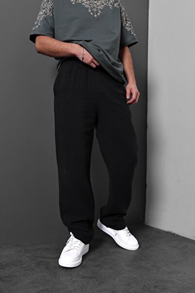 Slatra Pantaloni largi din in, din țesătură de muselină neagră pentru bărbați