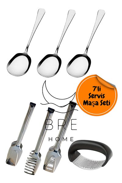 BRE HOME Set of 7 Stainless Steel Serving - Spoon, Garlic Masher, Tongs Pastry, Pasta, Salad