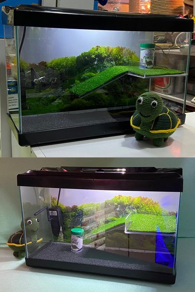 Fauna Pet Supplies Su Kaplumbağası Akvaryumu Bahçeli Rampalı Dinlenme Alanlı Full Cam Işık Motor Arkaplan Kum Yem