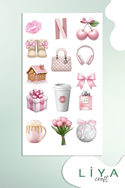 LiyaCraft Pembe Sticker Set Sevimli Coffe Pink Set  Ajanda Bullet Journal Içi...