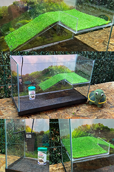 Fauna Pet Supplies Su Kaplumbağası Akvaryumu Bahçeli Rampalı Dinlenme Alanlı Full Cam Işık Motor Arkaplan Kum Yem