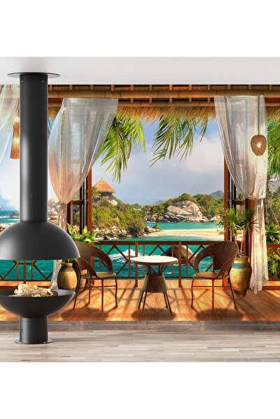 dreamwall Tropikal Deniz Manzaralı Balkon Desen Sağlıklı Tekstil Duvar Kağıdı