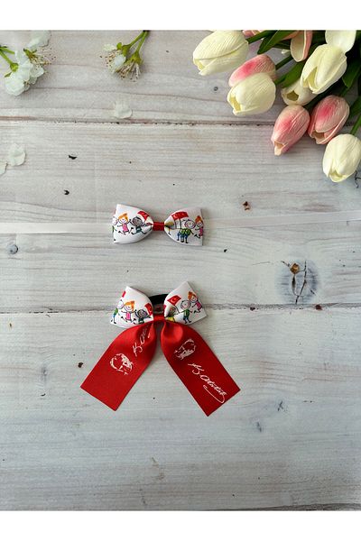 Melo 23 April Children's and Ataturk Pattern Ribbon Buckle and Boy's Bow Tie Set