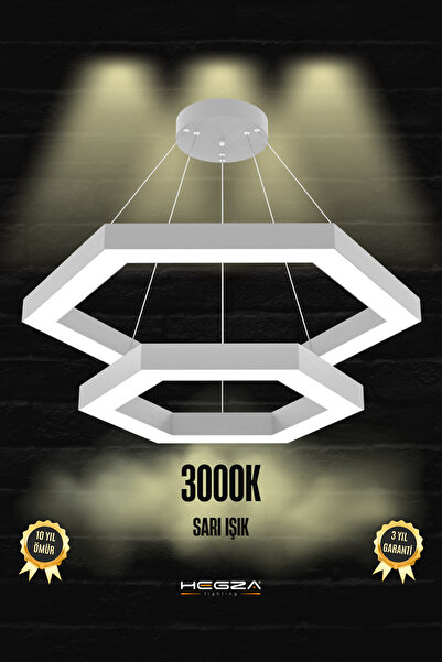 Hegza Lighting Hexagon Piramit ( Gri Kasa, Sarı Işık ) Ledli Modern Led Avize...