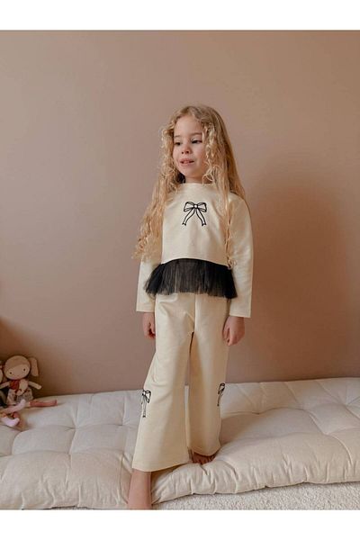 ARBİ kids Girl's Bow Detail Tulle Two Thread Fabric Lycra Suit Eid