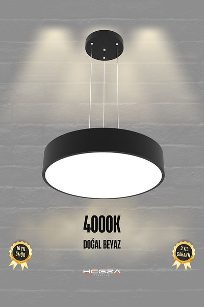 Hegza Lighting Drum 40cm (Black Case, 4000K Light Color) Modern Pendant Lamp Led Chandelier, Living Room, Kitchen, Living Room