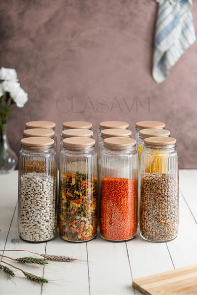 clasavm برطمان سعة 1500 مل مع 12 علامة وغطاء خشبي طبيعي