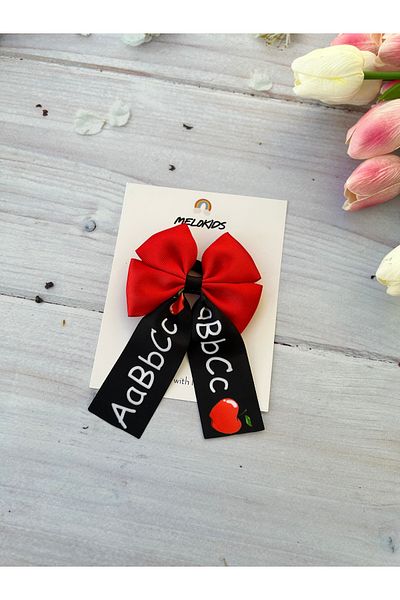 Melo Red Black a B C Detailed Ribbon Hair Clip - Elastic