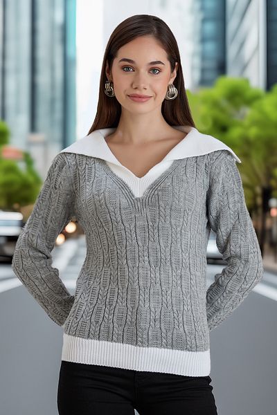 hanope Polo de damă cu decolteu în V Manșetă Detaliat tricot elegant Tricoturi cu modele Pulover gri tricotat