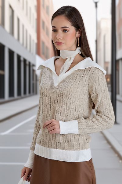 hanope Women's Polo V-Neck Detailed Stylish Knitted Patterned Knitwear Knitted Stone Sweater