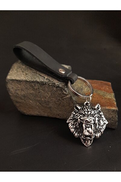 AB Takı SİYAH GERÇEK DERİ ANAHTARLIK İSKANDİNAV WOLF KURT FİGÜRLÜ