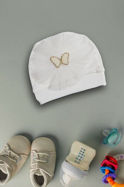 yudemia 100% Organic Cotton Stylish and Comfortable Beaded Butterfly Embroidered Design Baby Beanie