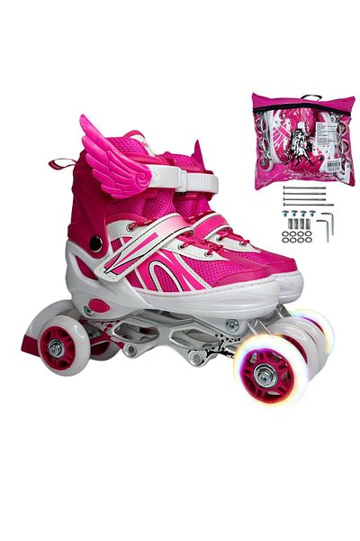 Depomiks Avm Pink Angel Patterned 2+2 Kids Skates - Lighted Front Caster and Carry Bag