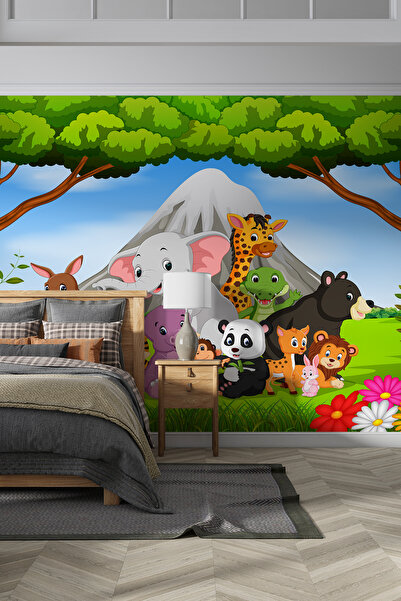 dreamwall Renkli Orman Hayvanları ile Eğlenceli Çocuk Odası Duvar Kağıdı-3d D...