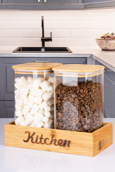 naturelove 2'LiBambu Stantlı Bambu Vakumlu Kapaklı Çay Kahve Şeker Kavanozu B...