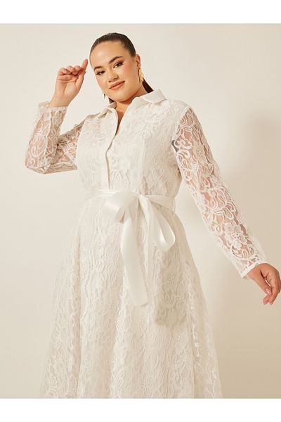 Styli Plus Size Lace Detail Collared Neck A-Line Maxi Dress