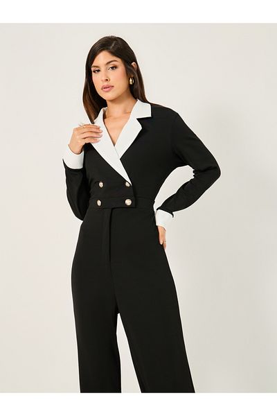 Styli Contrast Trim Double-Breasted Straight Leg Jumpsuit
