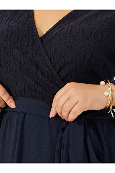 Styli Plus Size Textured V-Neck A-Line Midi Dress with Waist Belt Detail