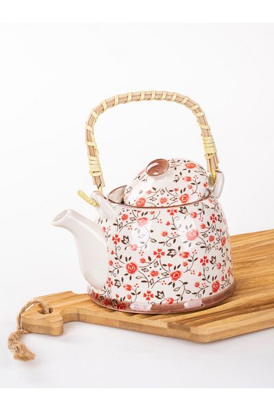MUKKO HOME Wicker Handle Porcelain Teapot with Flower Pattern, 900ml Tea, Coffee, Herbal Tea Presentation