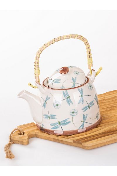 MUKKO HOME Decorated Wicker Handle Porcelain Teapot 900ml - Tea, Coffee, Herbal Tea Presentation