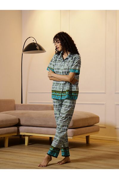 Sanskrutihomes By Styli Geometric Printed Cotton Shirt and Pyjama Set