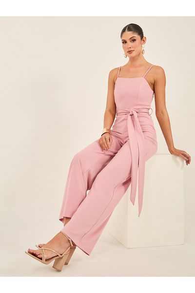 Styli Solid Strappy Wide Leg Jumpsuit with Waist Tie-Up Detail