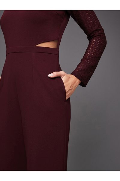 Styli Lace Insert Round Neck Wide Leg Jumpsuit with Cut-Out Detail