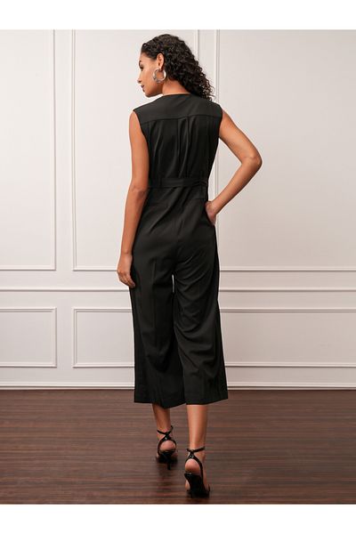 Tokyo Talkies By Styli Solid V-Neck Buttoned Culotte Leg Jumpsuit with Belt