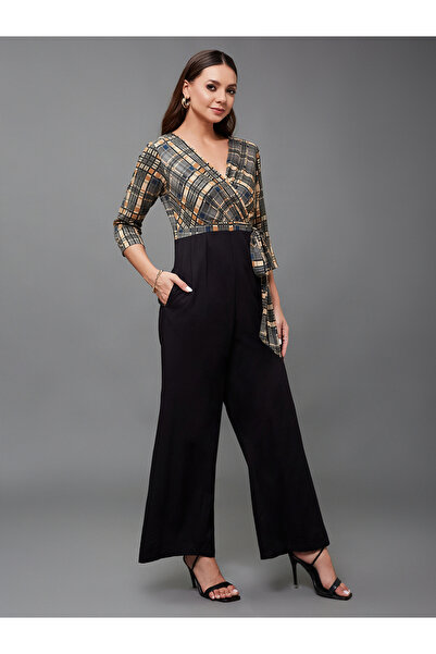 Styli Checkered Wrap Wide Leg Viscose Jumpsuit with Tie-Up Detail