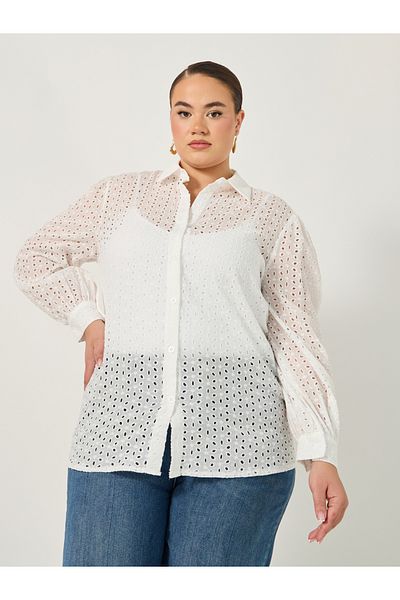 Styli Plus Size Balloon Sleeve Schiffli Shirt