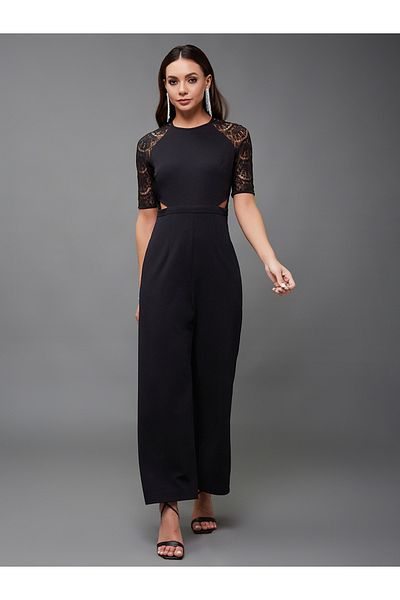 Styli Lace Insert Round Neck Wide Leg Jumpsuit with Cut-Out Detail