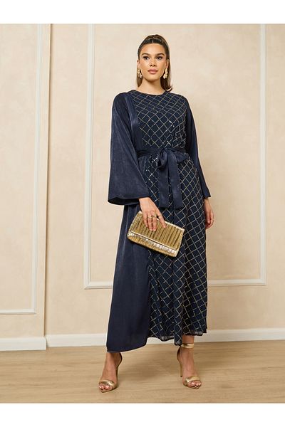 Styli Embroidered Round Neck Waist Tie-Up A-Line Jalabiya