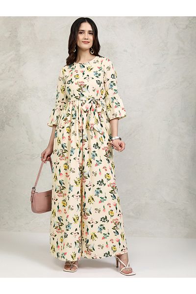 Vishudh By Styli All-Over Floral Print Straight Leg Jumpsuit with Tie-Up Belt