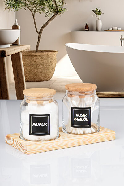 naturelove Set de 2 borcane din lemn pentru vată de bumbac și vată cu capac c...