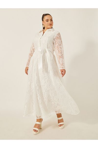 Styli Plus Size Lace Detail Collared Neck A-Line Maxi Dress
