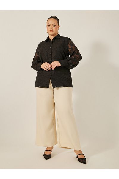 Styli Plus Size Burn Out Lace Detail Collared Balloon Sleeve Shirt