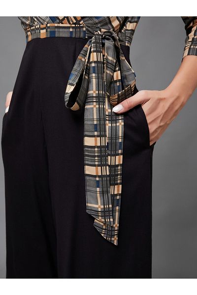 Styli Checkered Wrap Wide Leg Viscose Jumpsuit with Tie-Up Detail