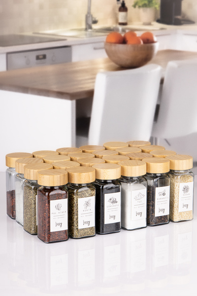 naturelove 24'Lü Bambu Kapaklı Mini Kare Tuzluk Baharatlık Seti