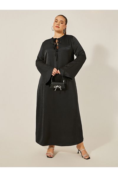 Styli Plus Size Textured Tie-Up Neck A-Line Maxi Dress