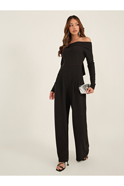 Styli Solid Bardot Neckline Wide Leg Jumpsuit