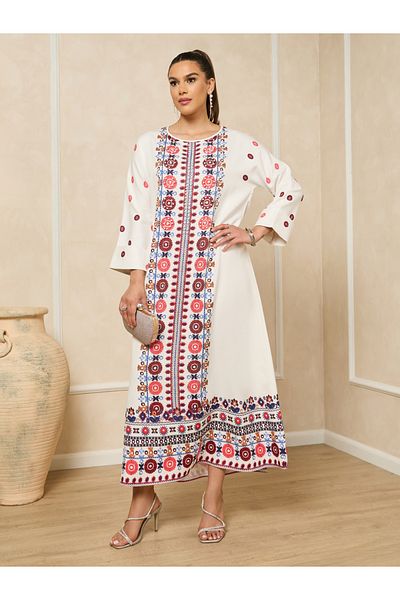 Styli Embroidered Panel Round Neck A-Line Jalabiya With Pearl Embellishment