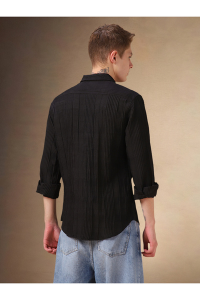 Dennis Lingo By Styli Regular Fit Spread Collar Textured Shirt with Pintuck Detail