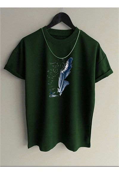 TRENDKOLİK Tricou de damă, oversize, cu decolteu, imprimat cu design de păsări