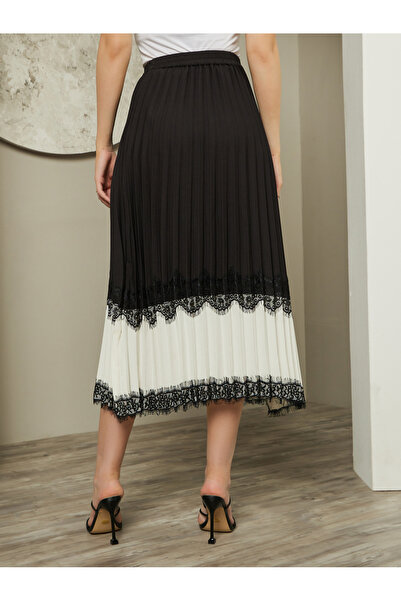 Styli Color Block Pleated A-Line Midi Skirt with Lace Trim