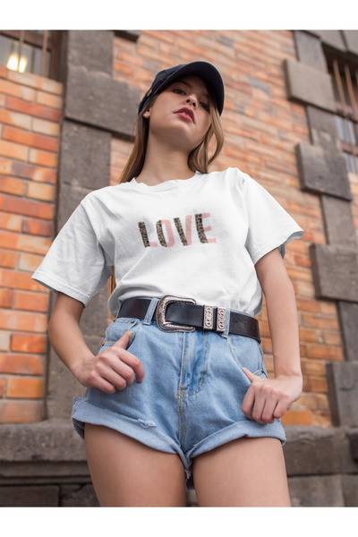 MG تي شيرت نسائي مطبوع عليه LOVE بياقة دائرية من القطن مقاس كبير وأكمام قصيرة
