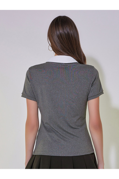 Take Two By Styli Rib Knit Contrast Collar Polo T-Shirt