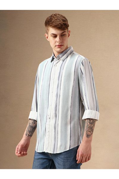 Dennis Lingo By Styli Striped Relaxed Fit Spread Collar Curved Hem Shirt