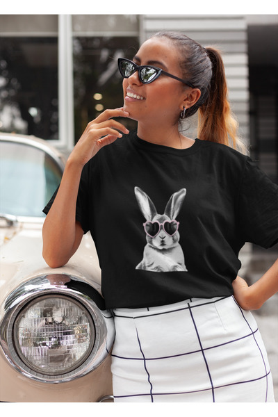 MG تي شيرت نسائي مطبوع عليه أرنب برقبة دائرية من القطن مقاس كبير وأكمام قصيرة