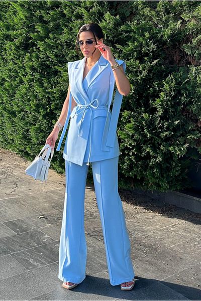 pembekurdelem Blue Women's Tie-Up Vest Pants Suit