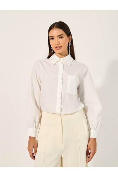 Styli Faux Pearl Embellished Spread Collar Shirt